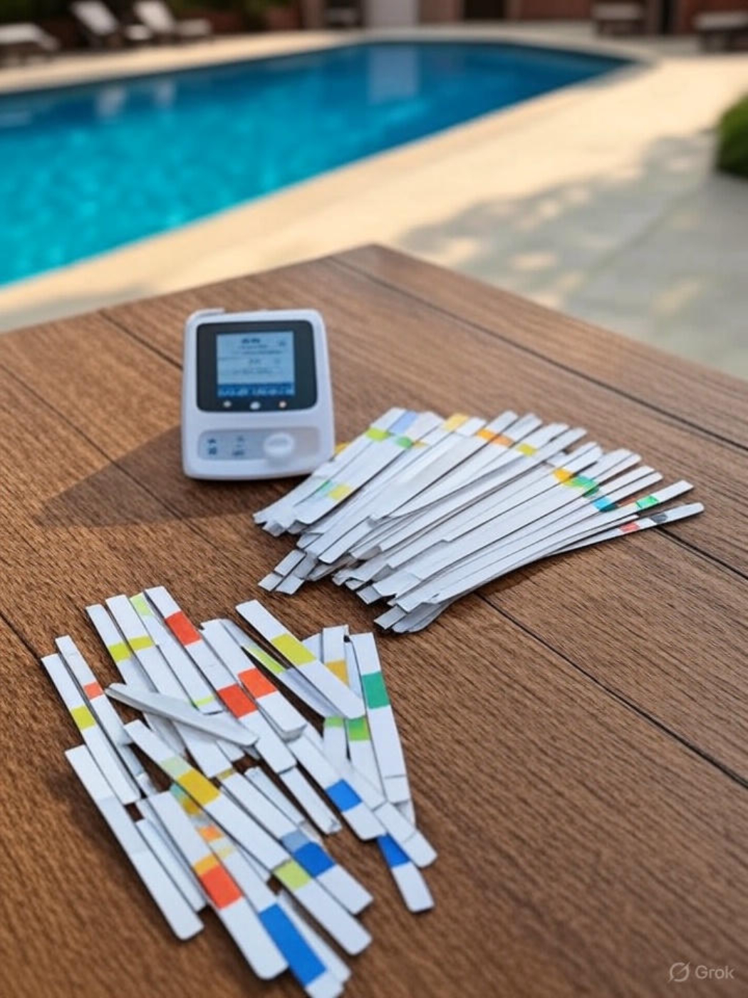 Pool test kit showing CYA levels next to pool